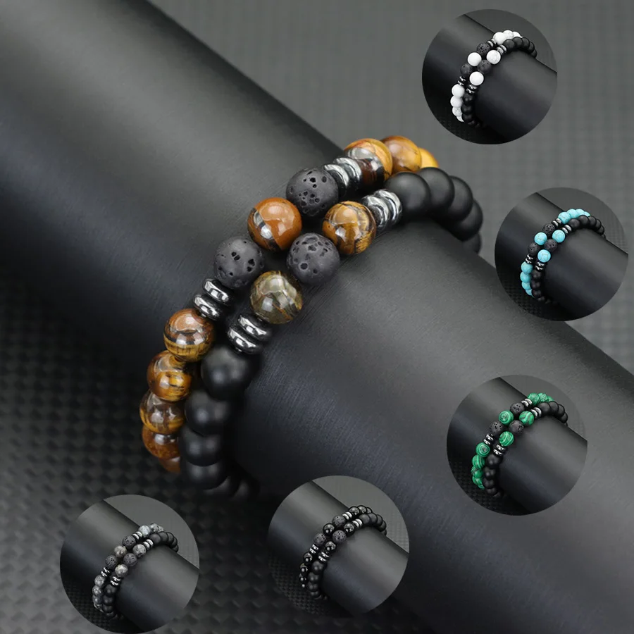 2Pcs 8mm Natürliche Malachit Männer Perlen Armband Handgemachte Meditation Armband Homme Casual Passenden Schmuck Set Geschenk für Ihn