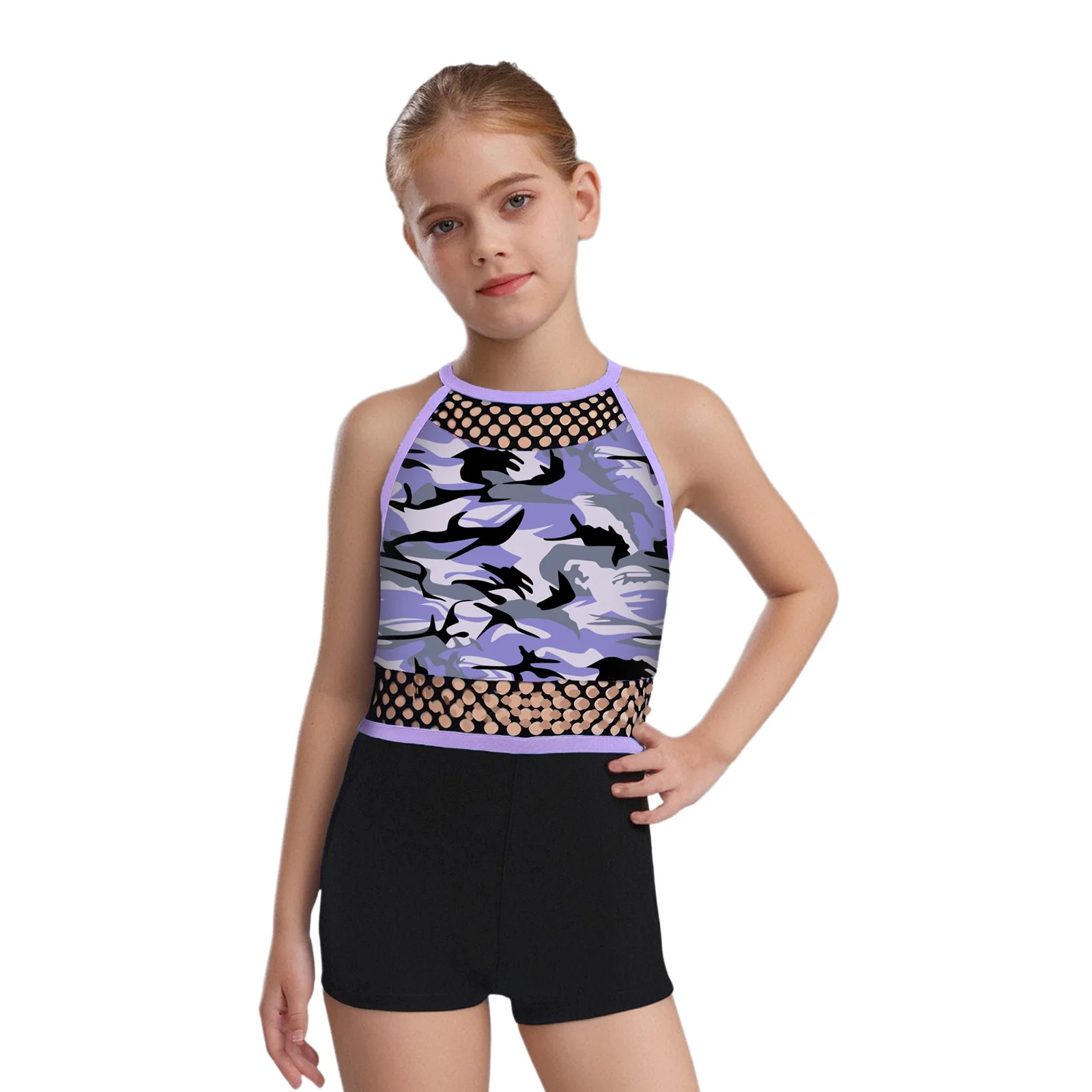 

Girls Gymnastic Dance Bodysuit Sleeveless Hollow Out Mesh Printed Jumpsuit Biketard Workout Training Cycling Sportswear Swimwear