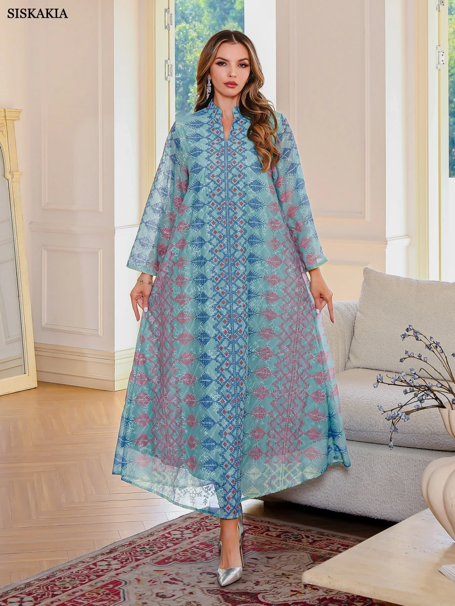 

Siskakia New Muslim Elegant Floral Print Women Evening Dress Mesh Sleeve Abaya Embroidery Kaftan