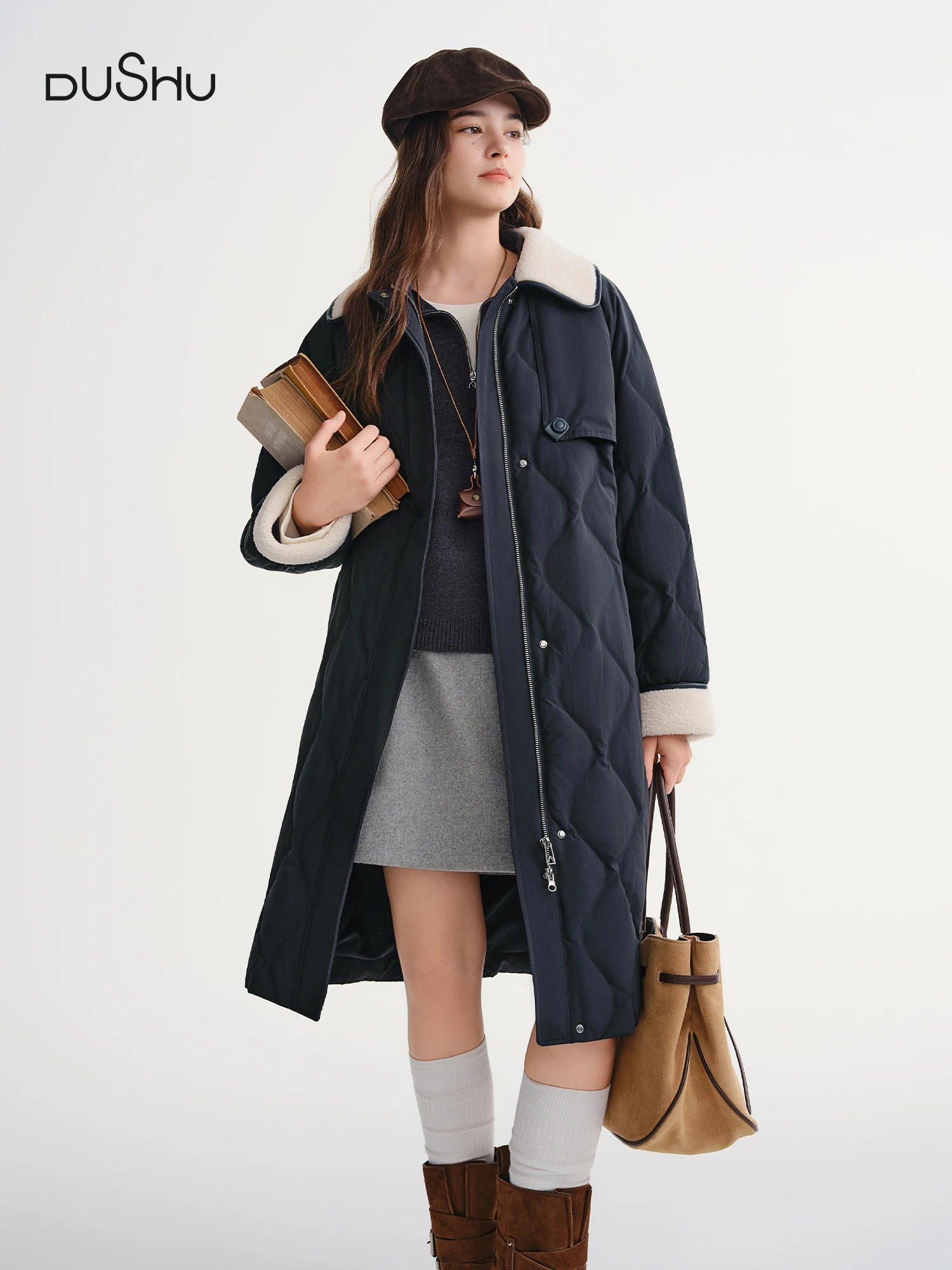 DUSHU New Women's Vintage Color Block Down Jacket 2025 Winter Warm White Duck Down Coat Casual Outdoor Parka For Daily Commute