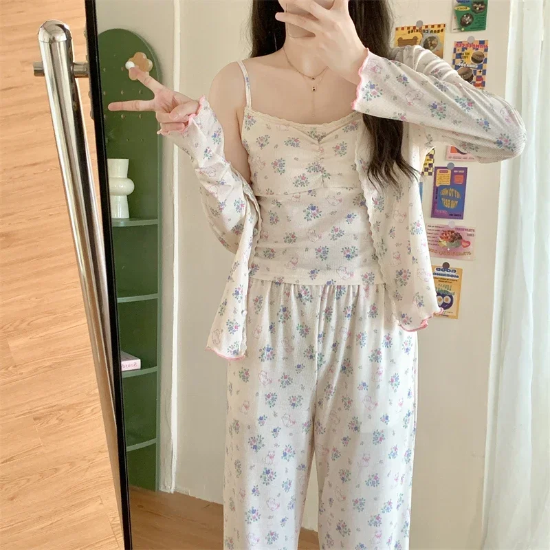 Floral 3 Pcs Pajama Sets Women Sweet Soft Home Ulzzang Fashion Padded Sleepwear Spring Autumn Daily Lounge Aesthetic College New