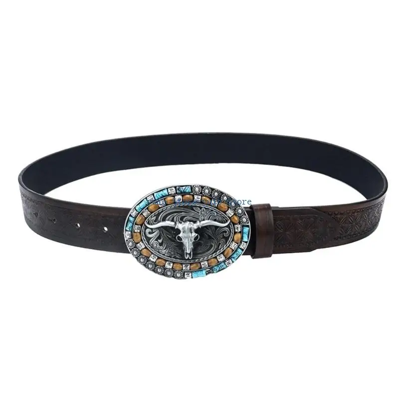 

X7XB Ethnic Man Waist Belt with Relief Head Buckle Adjustable Buckle Waist Belt All-Match Dresses Coat Waistband