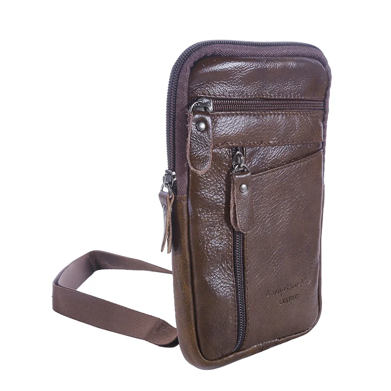 Leather Waist Bag Men\'s Mobile Phone Bag Waterproof Wearing Belt Luxury Bag Outdoor Sports One Shoulder Small Bag Shoulder Bag