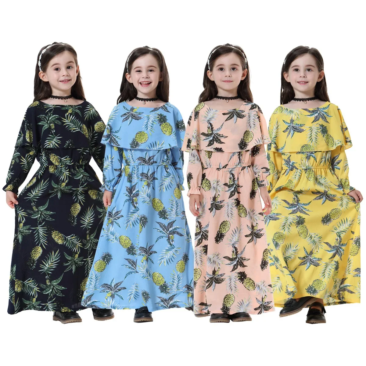 

Eid Kaftan Abaya Girls Ramadan Muslim Hijab Dresses Child Prayer Dress Ruffle Print Long Robe Dubai Abayas Turkey Islam Clothing