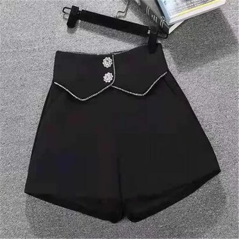 2024 Summer New Women Beads Diamond Wide Leg Pants Korean High Waist Loose Pantalones Cortos Ladies Casual Suit Short Pantskirt