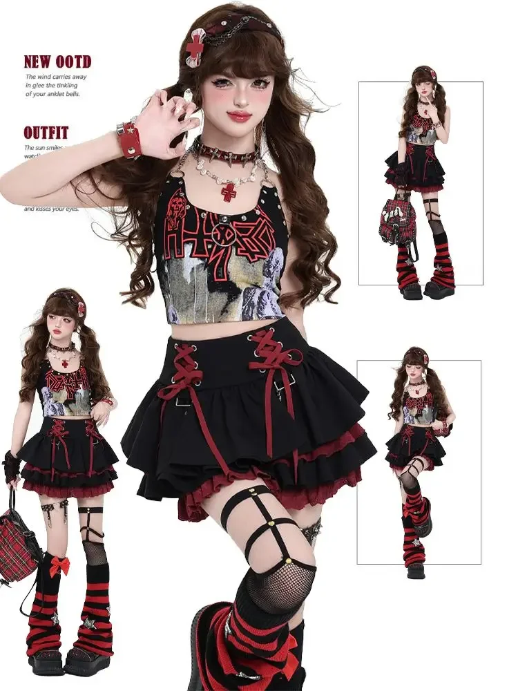 

Sweet Cool Y2k Lace Up Slim Waist Skirts Summer Fashion Ruched A-line Skirt for Women 2025 New All-match Black Falda Sexy Mujer