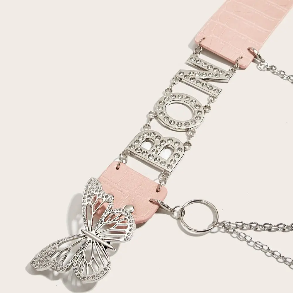 Personality PU Leather Rhinestone Belts Spice Girl Y2K Butterfly Waist Chain Letter Fashion Waistband Decorative Jeans