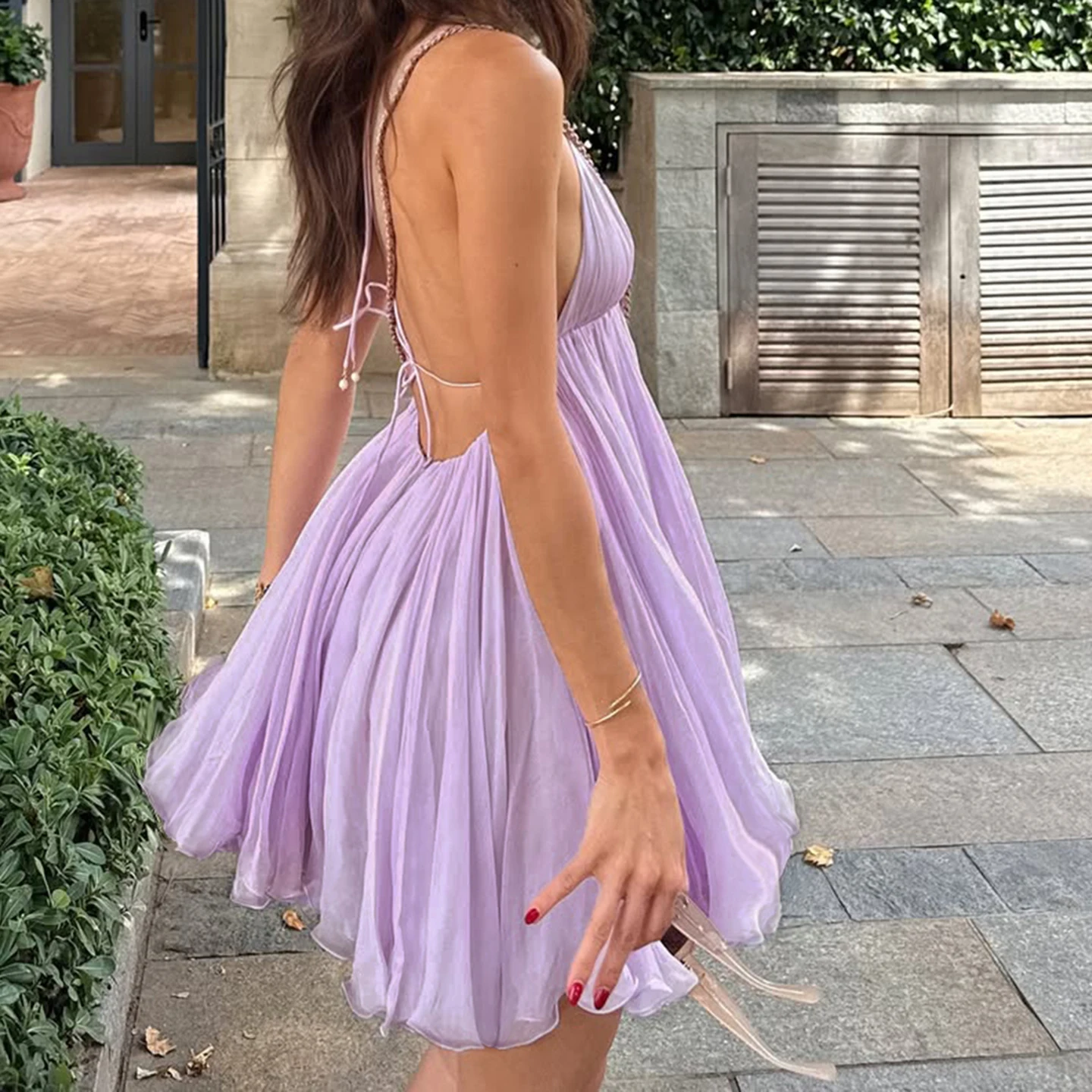 SUCHCUTE Purple Chiffon Backless Sleeveless Sundress Elegant  Sexy Deep V Neck A-line Mini Dress Summer Beach Vacation Outfits