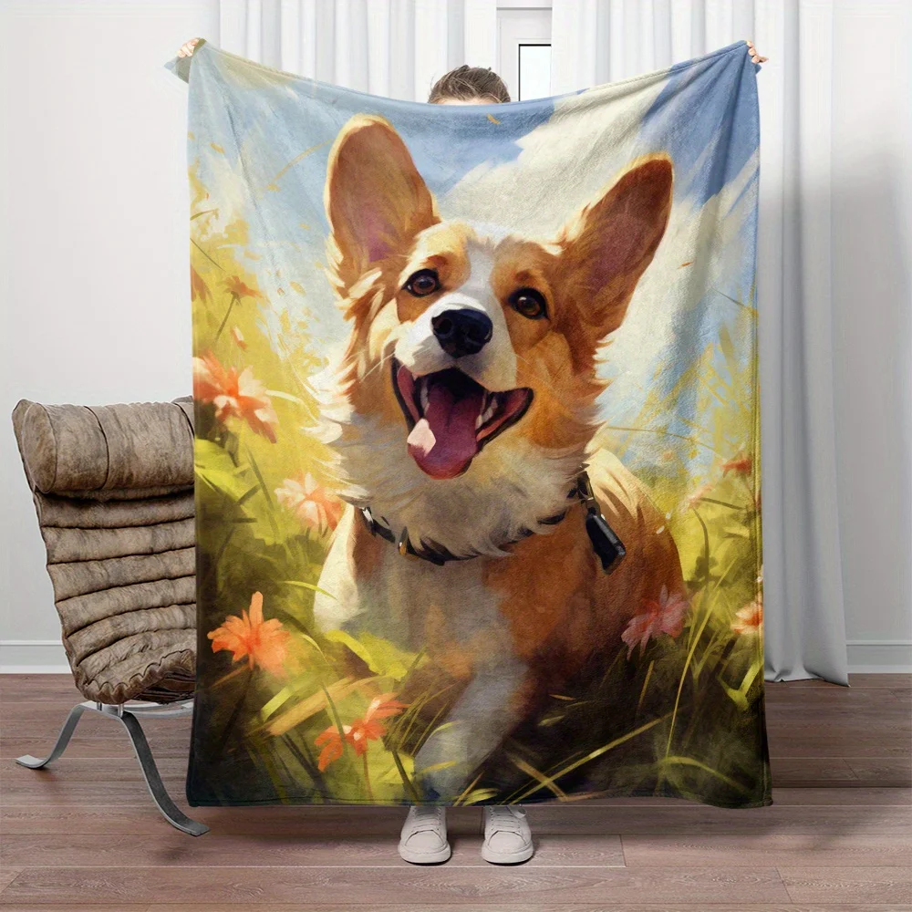 Adorable Corgi Puppy Print Flannel Blanket Ideal for Sofa, Bed, Living Room, Travel & Camping Multiple Sizes Available