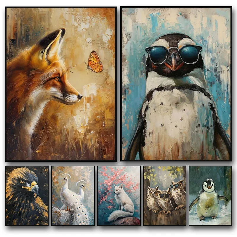 Modern Sakura Fox Penguin Owl Eagle Flamingo Poster Print Animal Landscape Diamond Painting Picture for Living Room Home Deco
