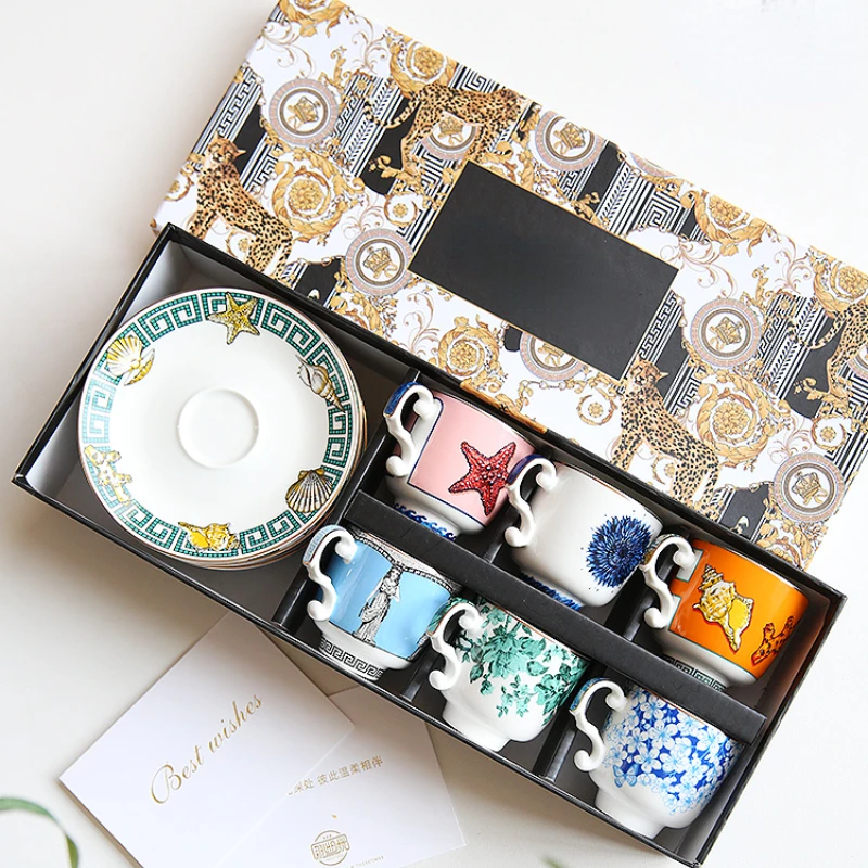 

European Retro Luxury Ceramic Coffee Cup Dish Tea Set Gift Box Flower Tea Cup Home Espresso Cup Set Gift for Friends Kitchen