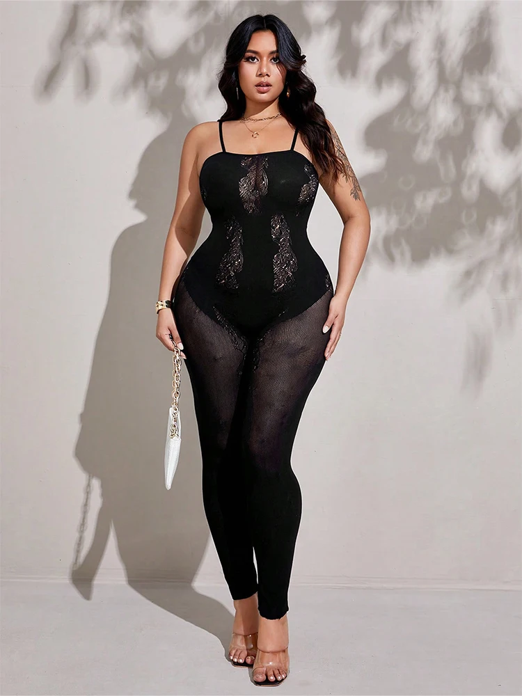 

FHSEER женский сексуальный комбинезон кружевной лоскутный боди с рюшами на бретельках прозрачное сетчатое облегающее боди размер Pius дружелюбная клубная одежда