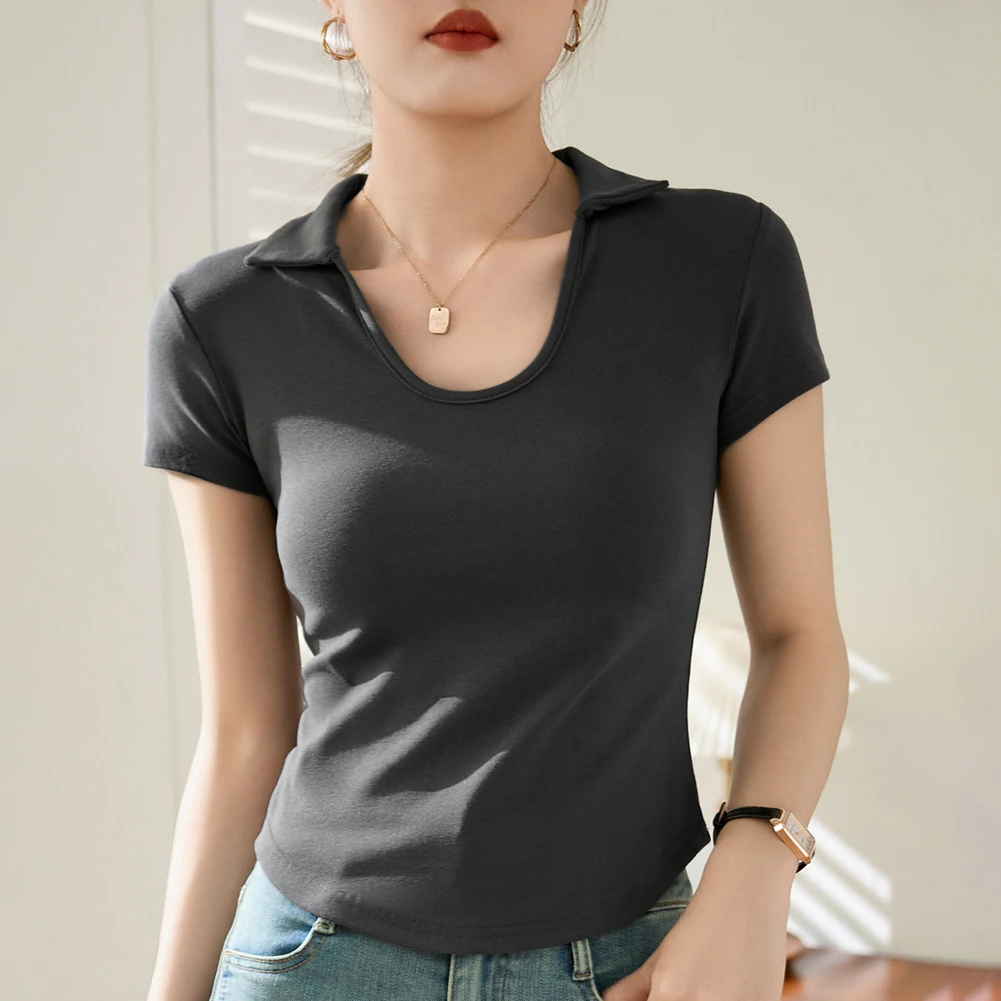 

Women T-shirt Short sleeve tshirt for woman Turn-down Collar Solid Color Women's Top Spring Summer Modal Shirt for womens