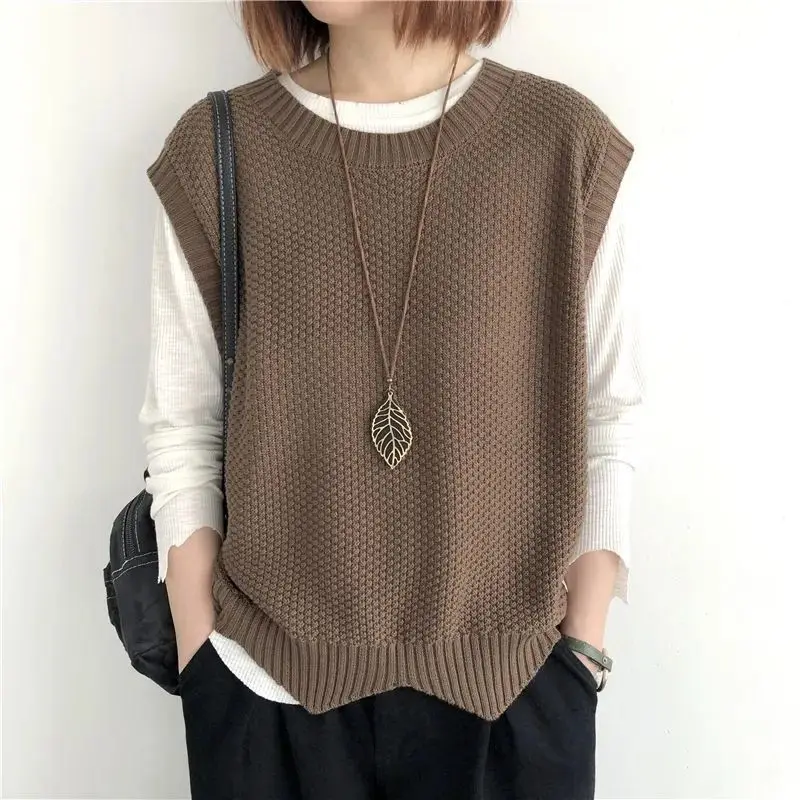 Women Sweater Vest Irregular Hem Loose Sleeveless Waistcoat Solid O-Neck Knitted Vest for Women Autumn Winter Pullovers