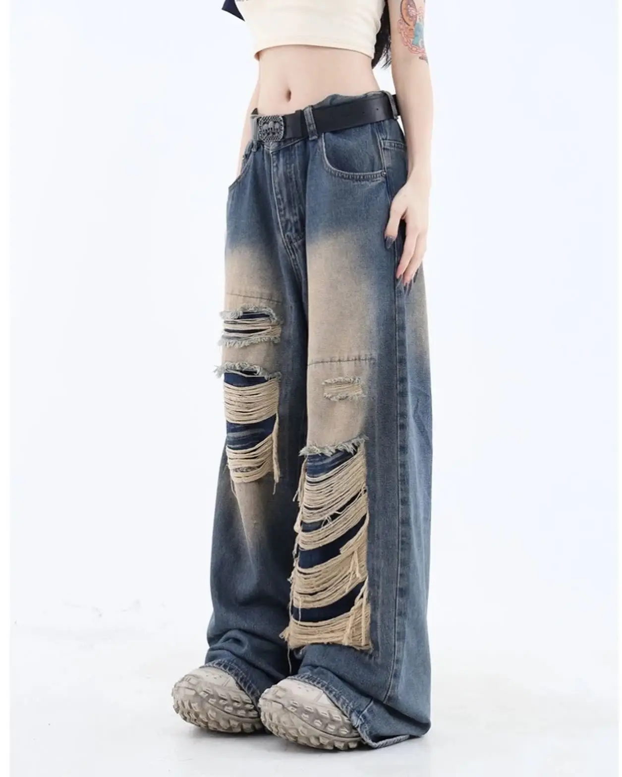 Blue Ripped Jeans for Women Slouchy Harajuku Y2k Pants New Hip Hop Punk Baggy Jeans Women Wide Leg Straight Trousers Streetwear