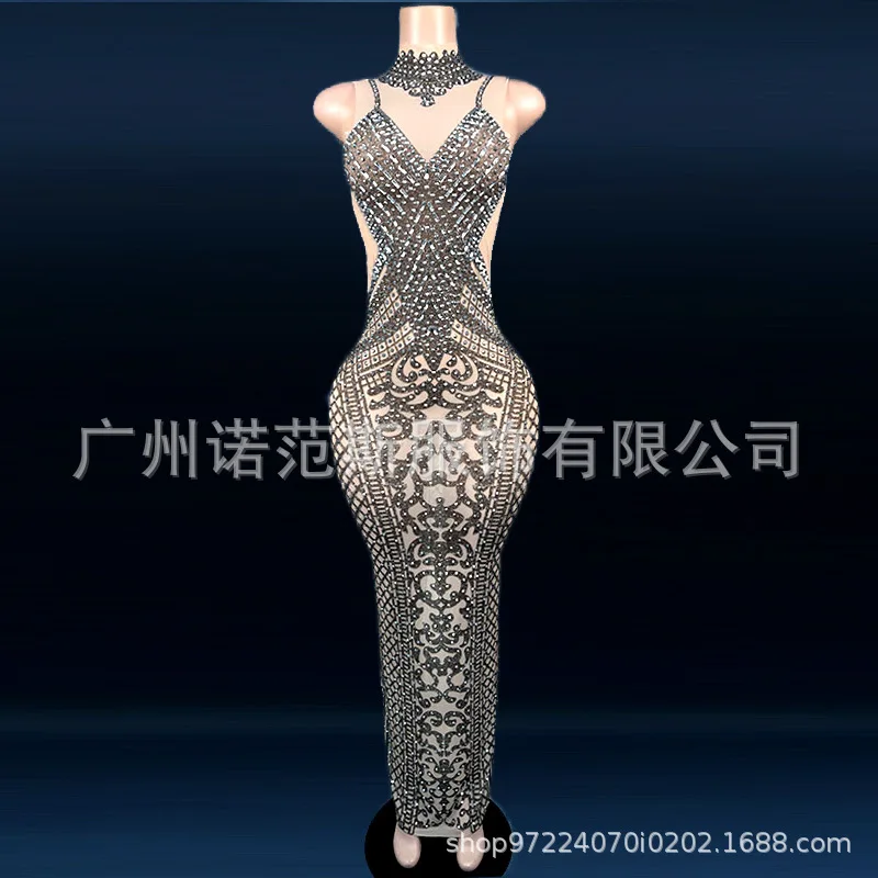 Herfst sprankelende strass mouwloze lange avondjurk elegante print en effen voor damesfeesten met kristallen verfraaide jurken