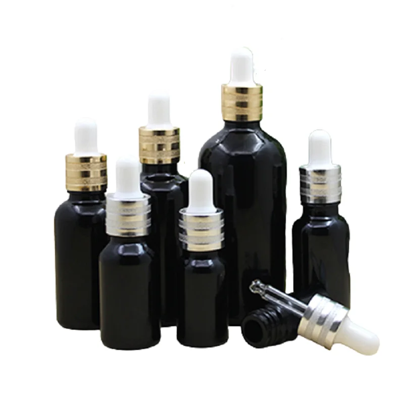 5ml 15ml 30ml 50ml 100ml Essential Oil Bottle Sand Gold Silver Collar Serum Drop Pipette Bottle Black Glass Dropper Bottle 15pcs