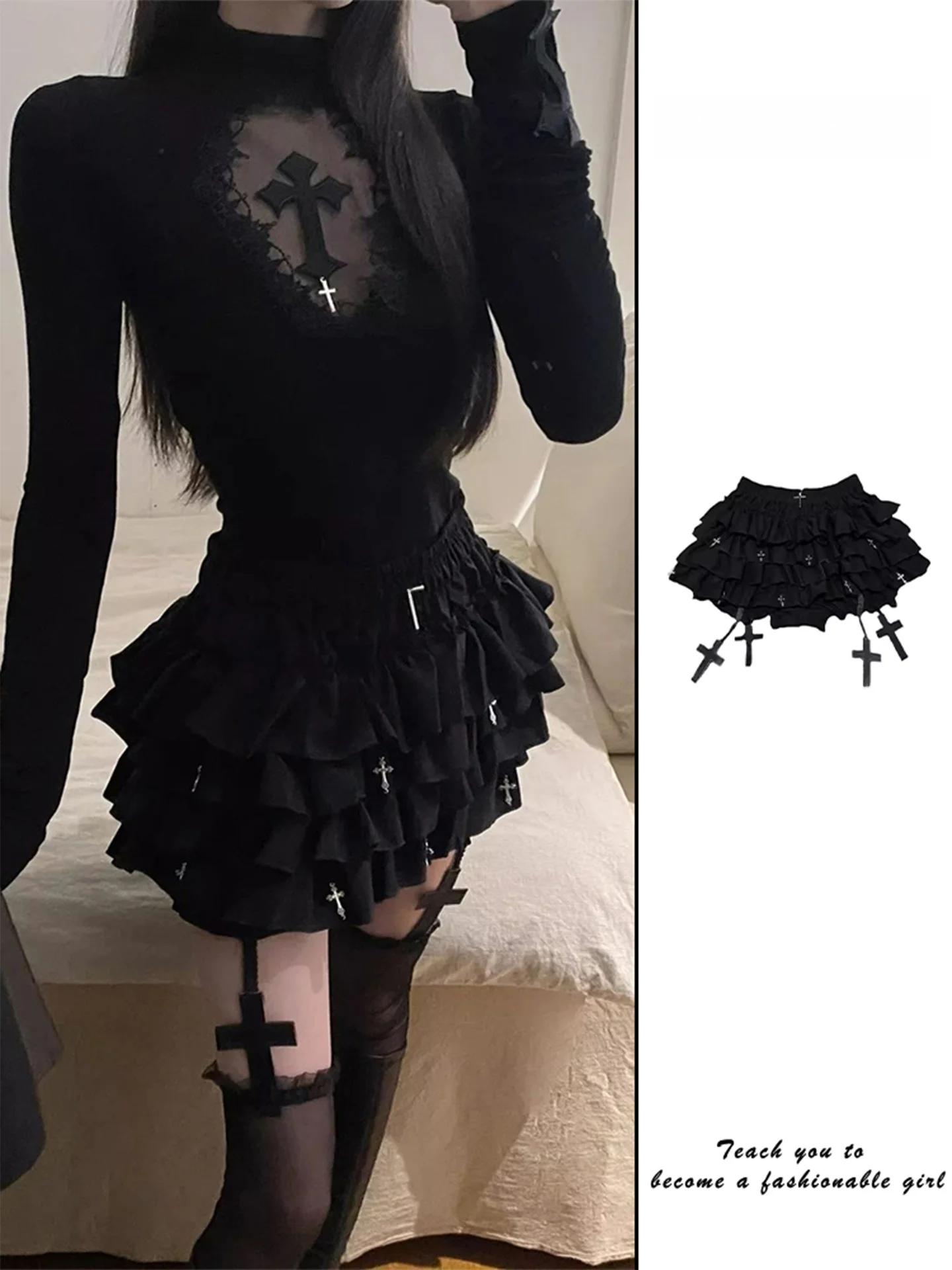 

Готическая юбка с крестом Bla, женская пышная юбка с высокой талией, длина до весны и осени, юбка-тортик Sle