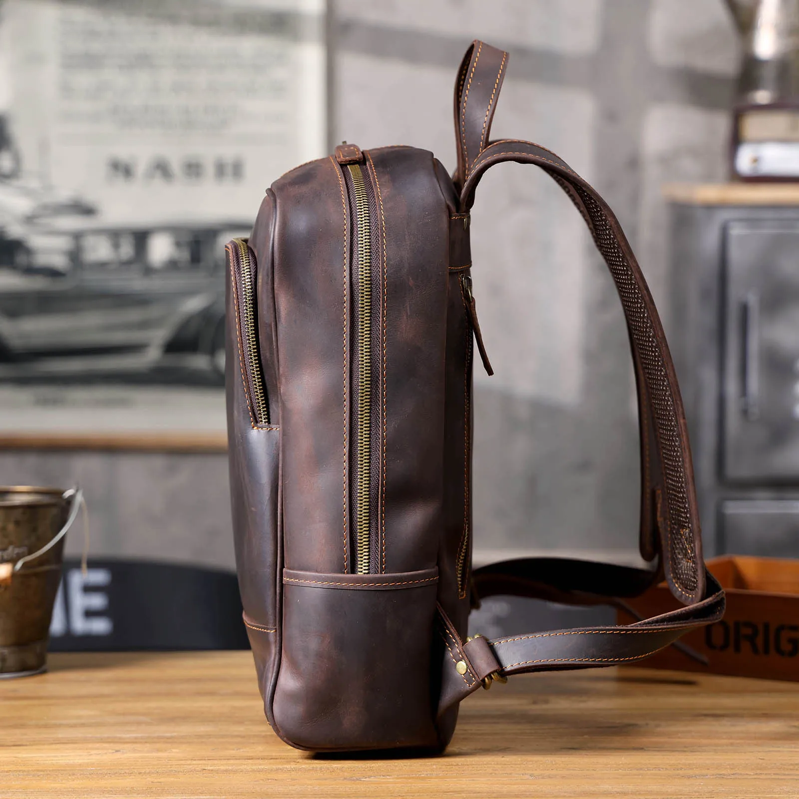S.WORKER Vintage Echtleder-Rucksack für Herren, Große Laptop-Schultertasche aus Rindsleder, Klassische Vintage Crazy Horse Schultasche für Reisen – Detail 8