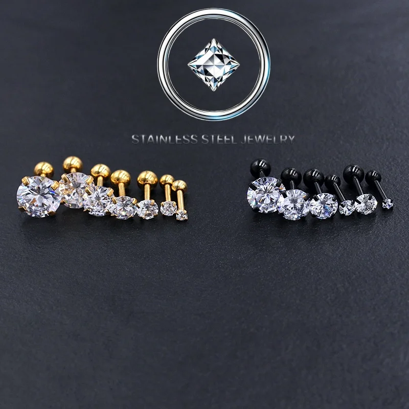 2pc Stainless Steel With aaa Zircons Round Stud Earrings Delicate Brief Style IP Plating No Fade Allergy Free