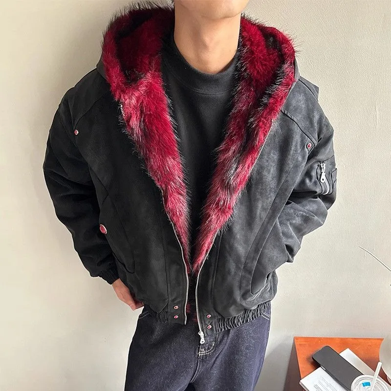 

Износостойкая хлопковая куртка-бомбер мужская с капюшоном, красный воротник из плюша, американский винтажный стиль, матовая искусственная кожа, утепленная зимняя верхняя одежда