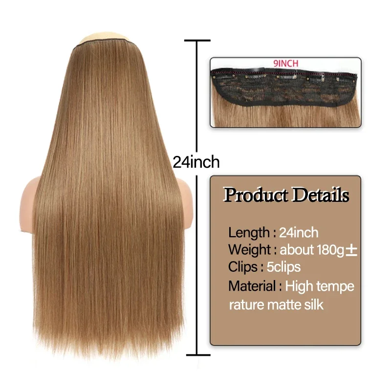 Longo sintético reta cabeça cheia extensões de cabelo para mulheres, pedaço de cabelo falso, 5 clipes, natural hairpiece, marrom e vermelho, 24in