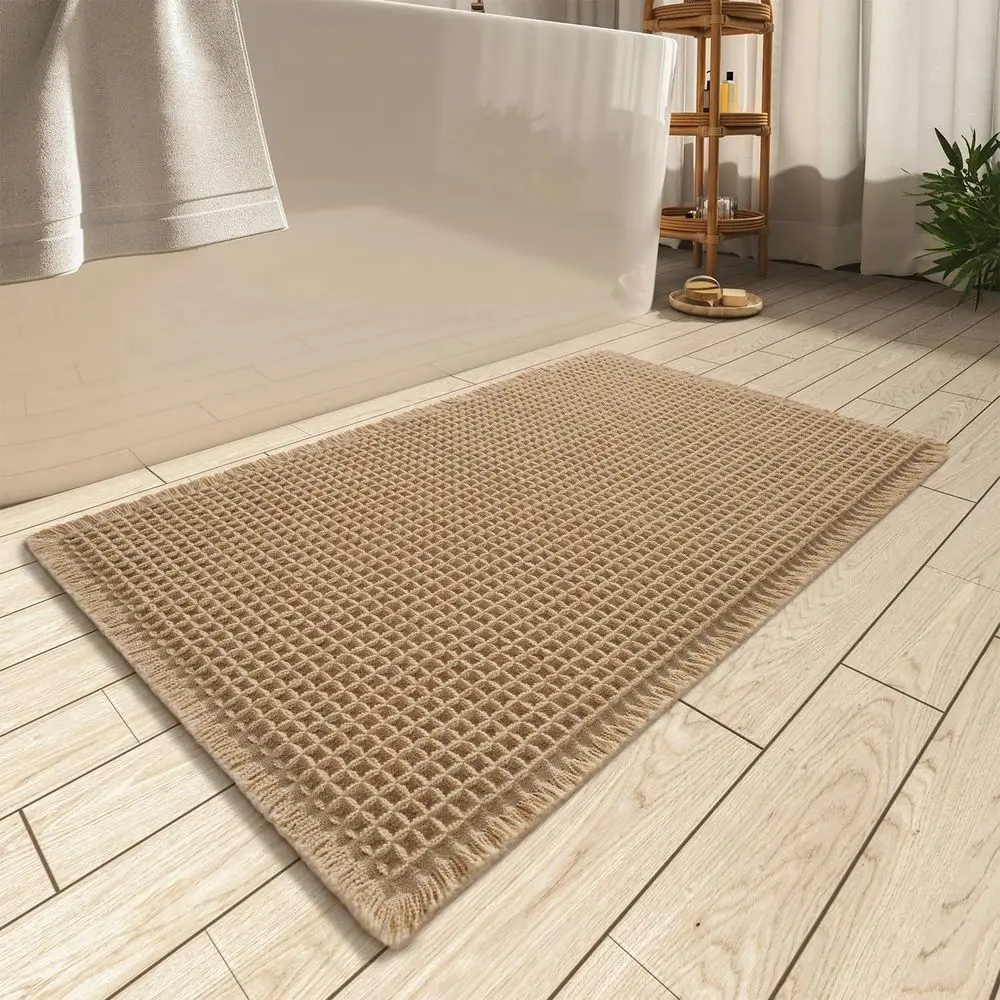 

Enhanced Absorbent Non-Slip Bath Mat, Washable Tasseled Rugs with Rubber Back, Soft Brown, 24x36 Inches