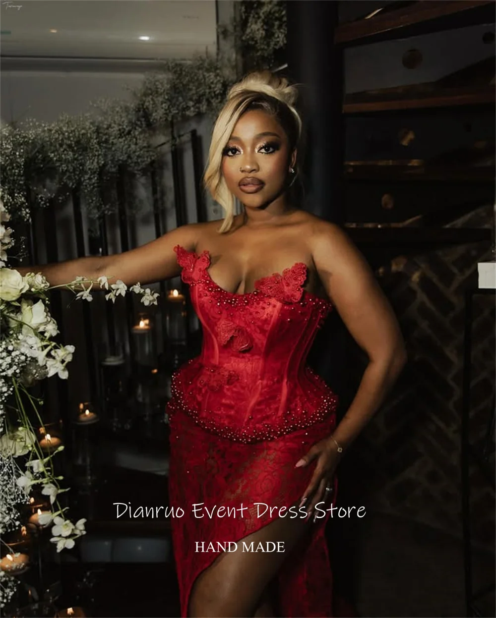 Dianruo-vestido De Noche asimétrico rojo, Sexy, con abertura lateral, encaje, ilusión, apliques, batas con cuentas, personalizado