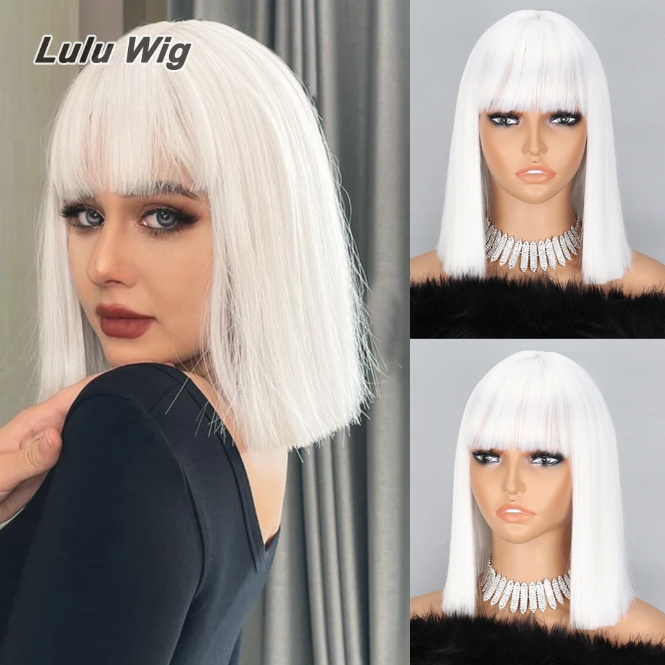 

Short Bob White Wig with Bangs Silver White Short Wigs for Women Straight Bob White Cospaly Hair Wig for Daily Party Halloween