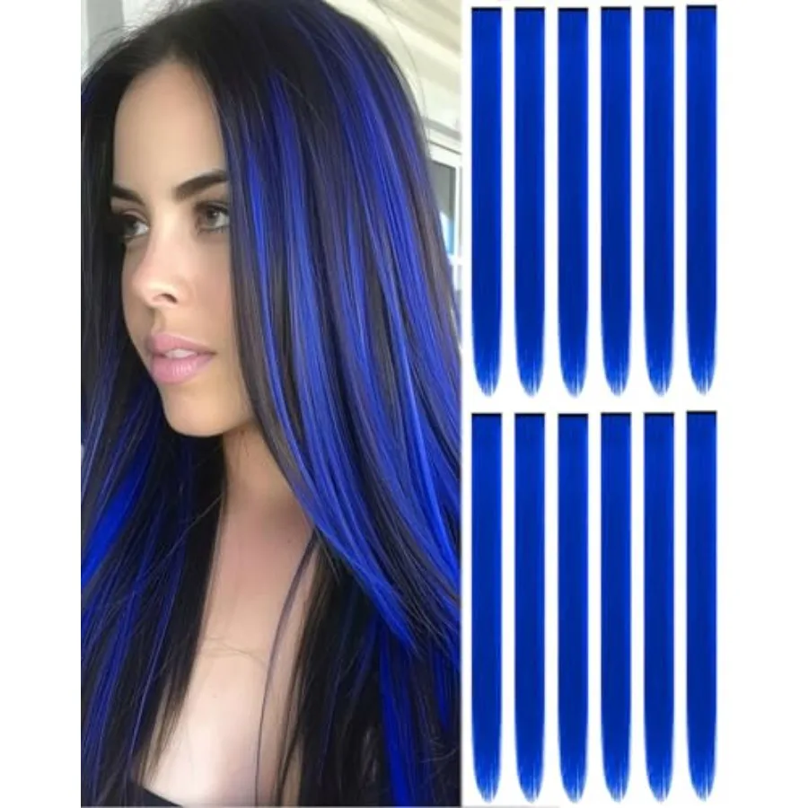 

22 Inch Synthetic Hair Extensions for Party and Halloween Use, Clip-in Style, Colored Highlights, Lightweight and Heat-Resistan