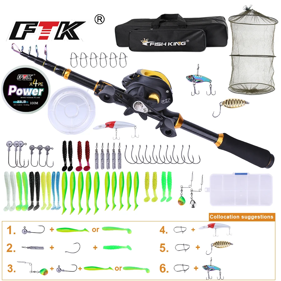 

FTK 2.1M Fishing Rod Full Kits Telescopic Sea Spinning Reel Lure Set Travel Fishing Gear Baits Accessories Bag Beginner 6 Option