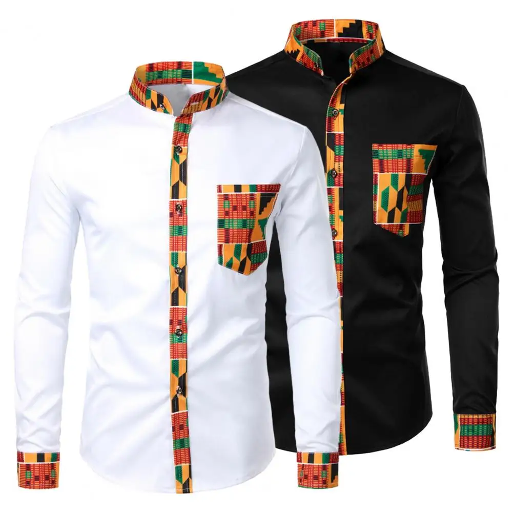 

Lightweight Men Shirt Stylish Men's Slim Fit Stand Collar Shirt with Long Sleeve Print Contrast Color Casual Office for Men