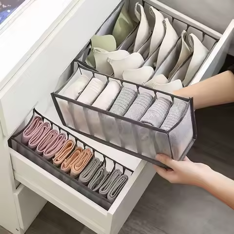 1pc-6/11 Grid Underwear Drawer Storage Box, Home Mesh Sock Sorting Box, Wardrobe, Dormitory Storage Bag