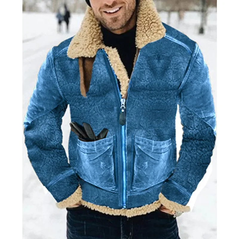 Men\'s Pocket Plush Warm Coat Autumn Winter New Leather and Fur Coat Men\'s Fashion Long Sleeve Zipper Turn-down Collar Coat