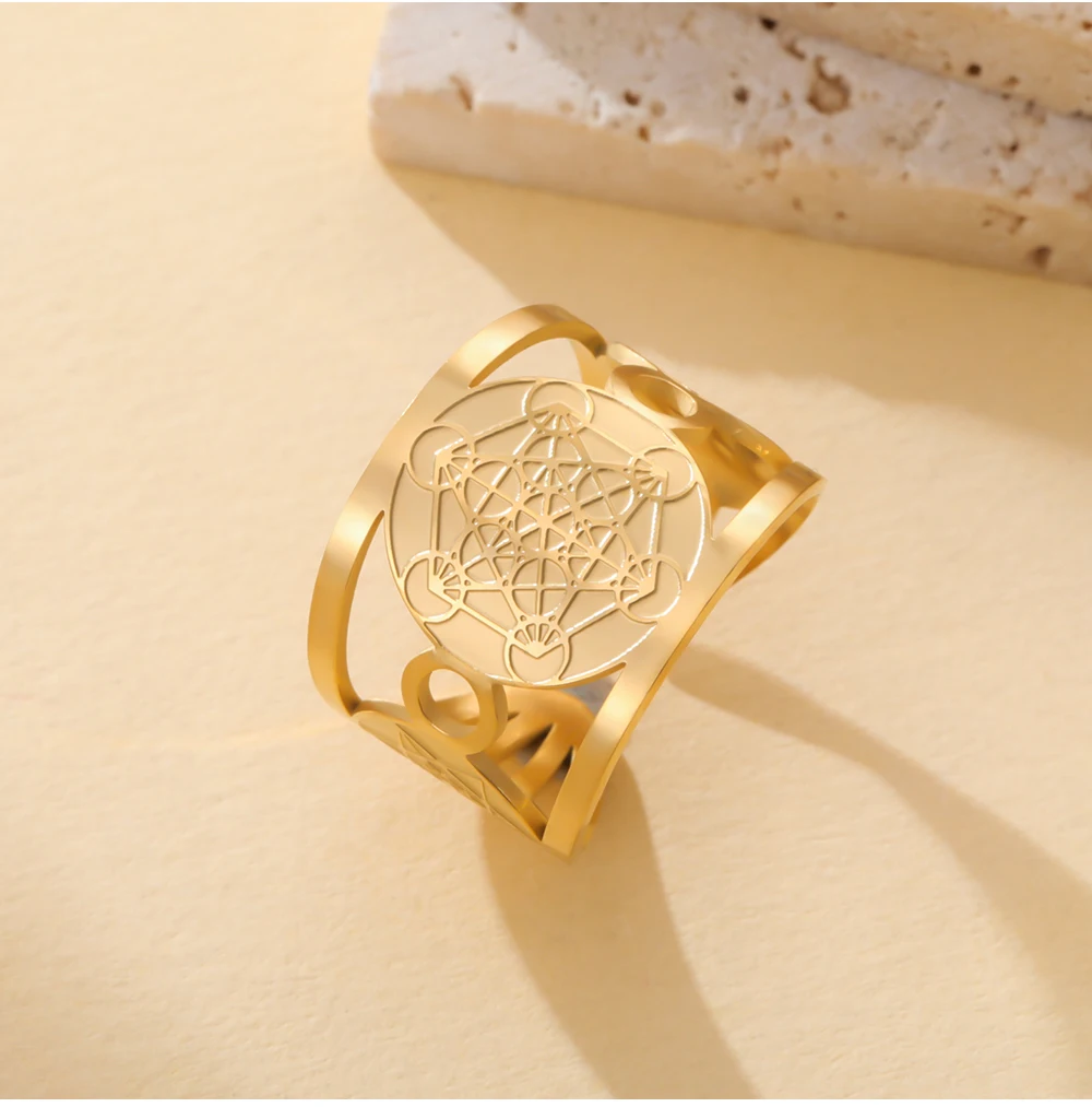 COOLTIME Solomon Blume des Lebens Chakra Ring Edelstahl Erzengel Heilige Geometrie Metatron Fingerring Schmuck Geschenk – Detail 9
