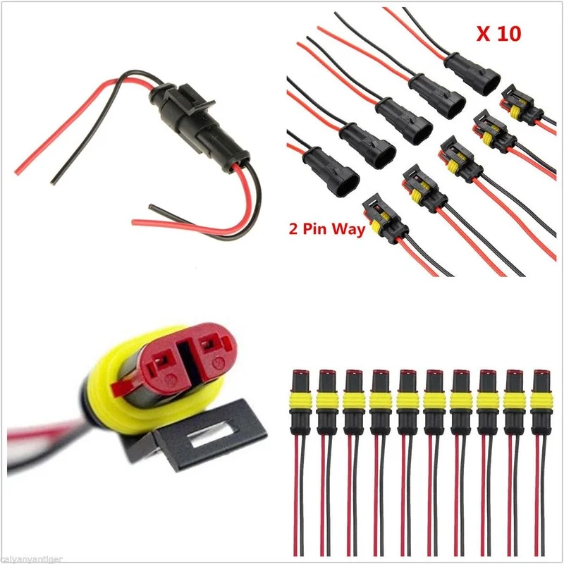 10 Kit 2 Pin Way Car Waterproof Electrical Cable W/ Terminal Wire Connector Plug