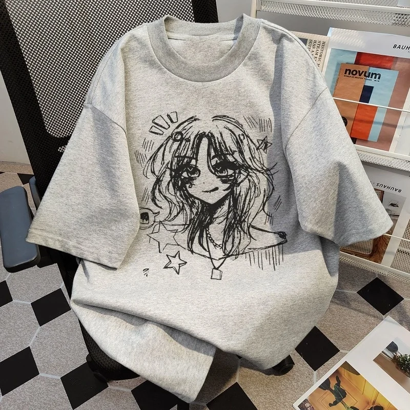 

Korean Popular Subculture Graffiti Girl Print T-shirts New American Retro Hip Hop Cotton Tees Women's Harajuku Loose Casual Tops