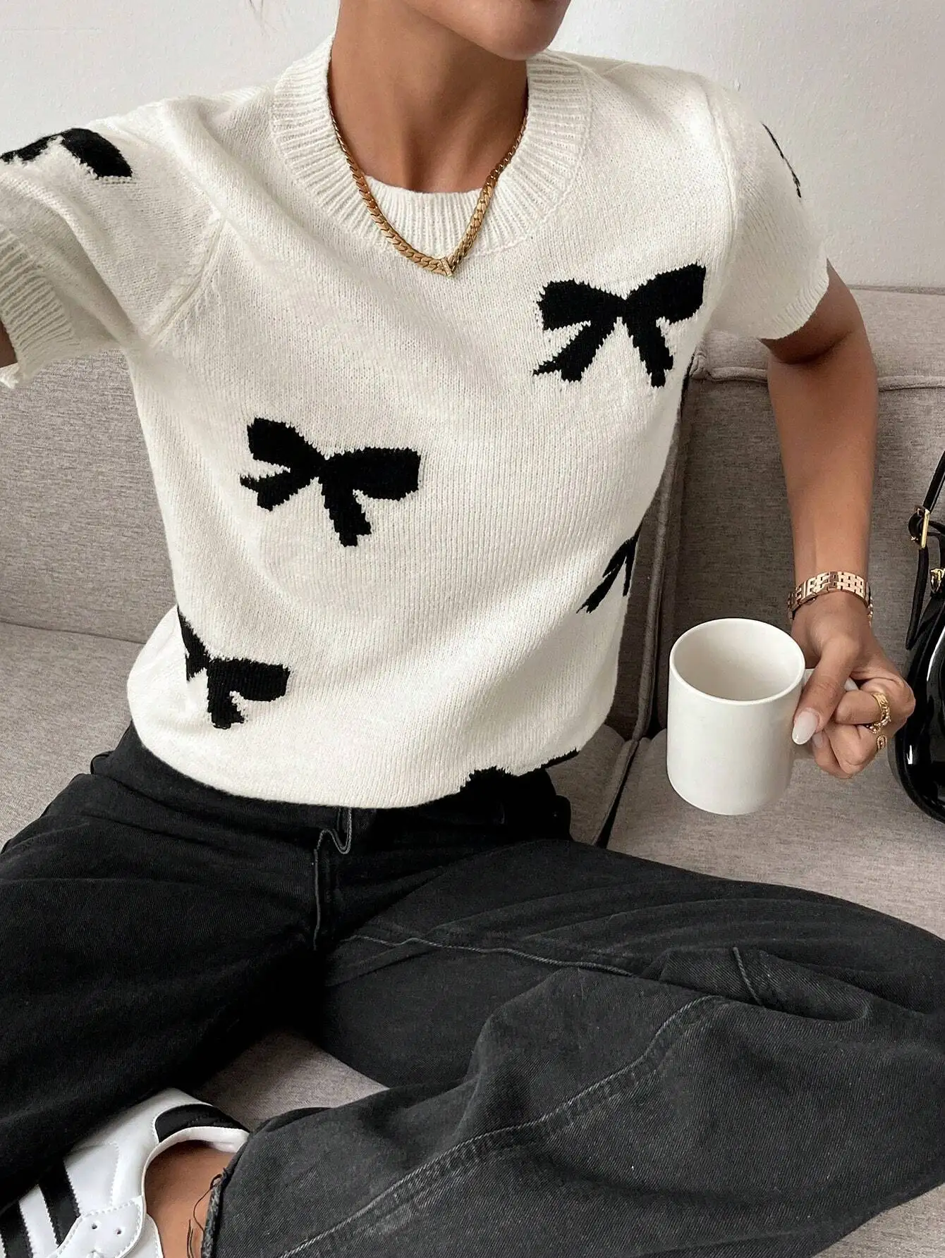 

Женский вязаный топ с бантом и принтом, повседневная офисная одежда, белый свитер с V-образным вырезом для осени и зимы