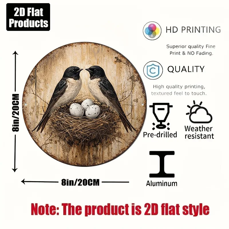 2D Flat - Decorative Sign 2D Flat, 1pc 8X8 Inch / 20X20Cm 2D Flat Round Sign, Vintage Swallow Nesmetalg Plaque, Heartwarming Swa