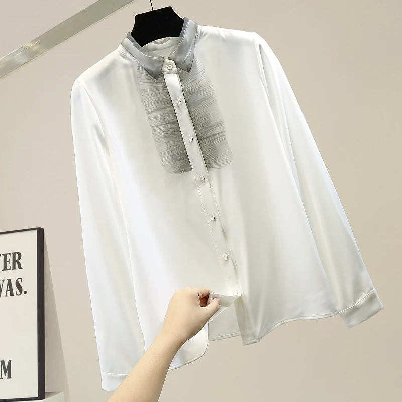 

Модная свободная рубашка с длинным рукавом, оборками по низу, цветными вставками, на одной пуговице, в корейском стиле, с винтажным воротником, из смесового хлопка