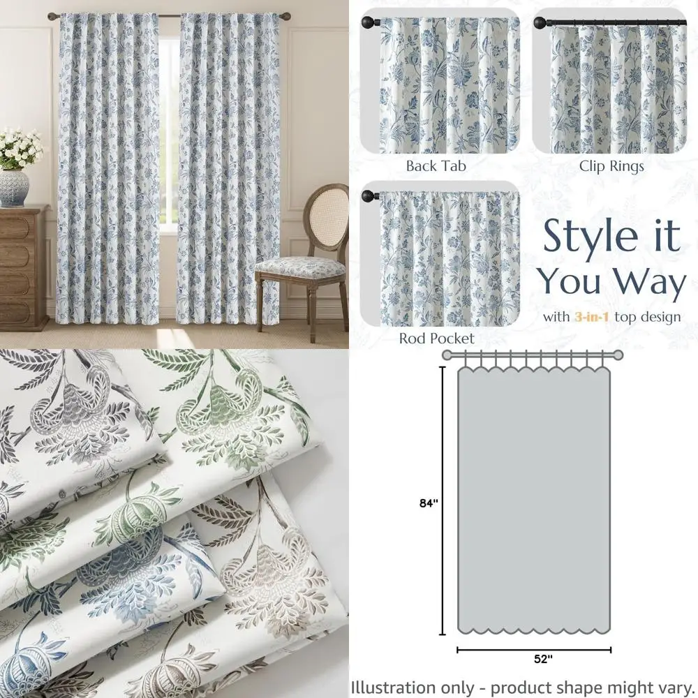 

French Country Blue Floral 84 Blackout Curtains, 2-Panel Set with Back Tabs for Bedroom