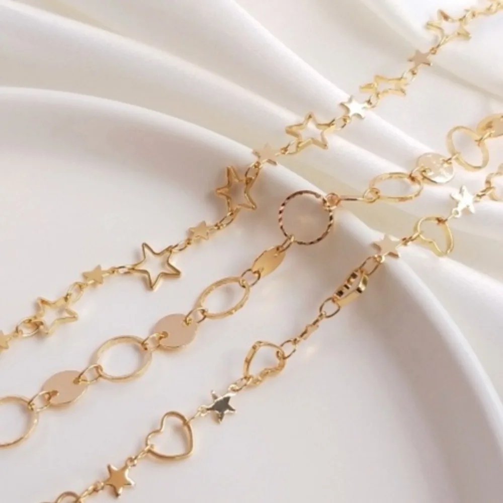 سلسلة مصنوعة يدويًا من النحاس الكوري باللون الذهبي عيار 14 قيراط، سلسلة فضفاضة على شكل نجمة خماسية مادة سوار خلخال ذاتية الصنع #1