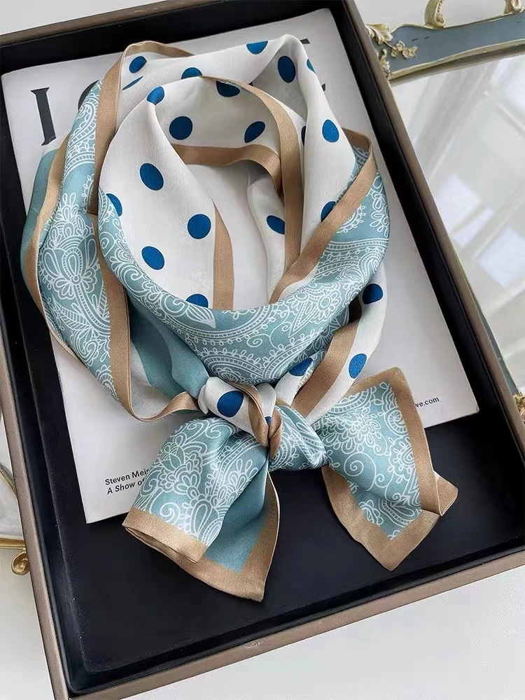 BYSIFA| Blue White Long Silk Scarf Headband Spring Summer Fashion Brand Dot Pattern Pure Silk Ribbons Scarves Floulard Printed