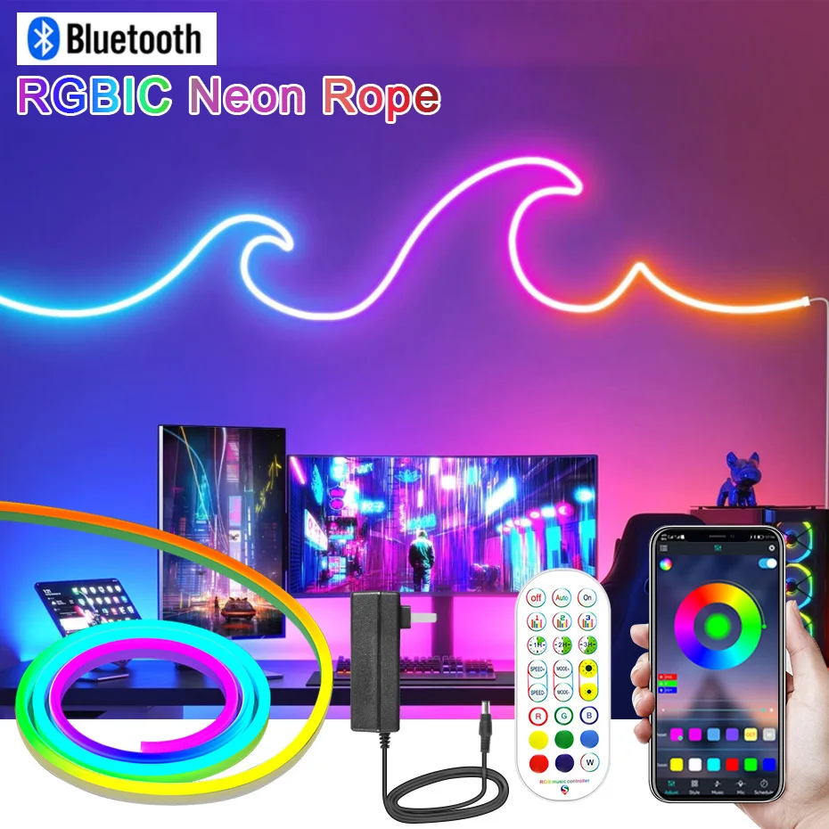 Bluetooth LED Neon Light 96Leds/M RGBIC 12V RGB Flexible Ribbon Tape Outdoor Waterproof Rainbow Chasing Smart Strip Dreamcolor