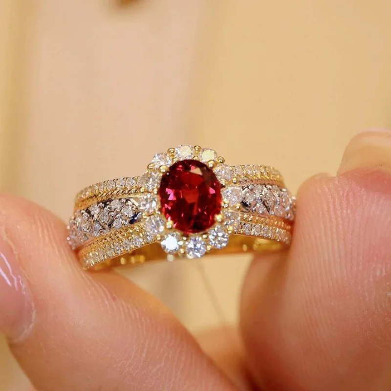 Red Corundum Carbon Micro Inlaid Full Open for Women High-end Vintage Color Diamond Gold Ring