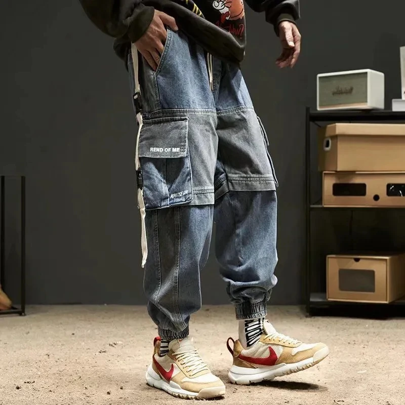 

Denim Cargo Pants Men Korea Fashion Patchwork Multi-pocket Casual Loose Male Trousers Harajuku Harlan Pants Streetwear Jeans