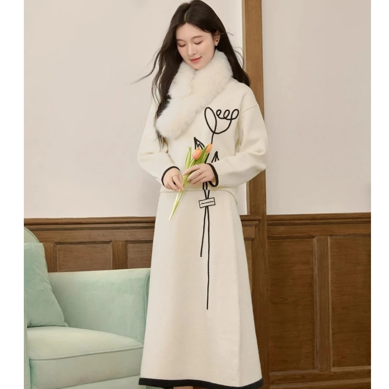 

Women's Autumn Winter French Graceful Sweater Skirts Two Piece Set Lady Fashion Beige O-Neck Knit Tops Skirt Outfits 2025