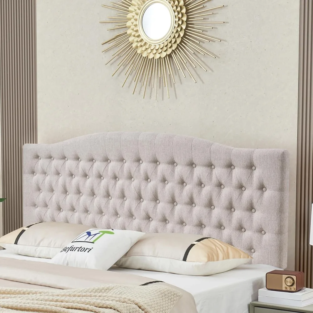 Linen Upholstered King/Cal King Headboard, Tufted Button Headboard for King/Cal King Bed, Neutral Curved Integrated Design