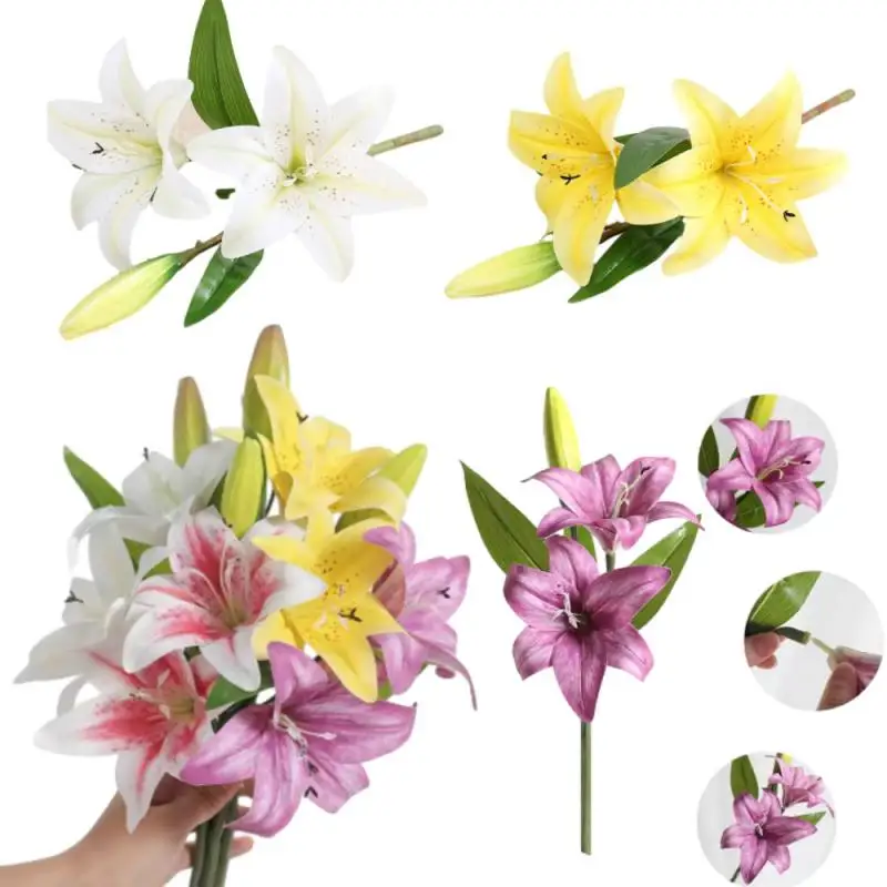 1pcs Real Looking 3D Printing Lily Branch Artificial Flowers White Fake Flowers Flores for Wedding Home Garden Decoration