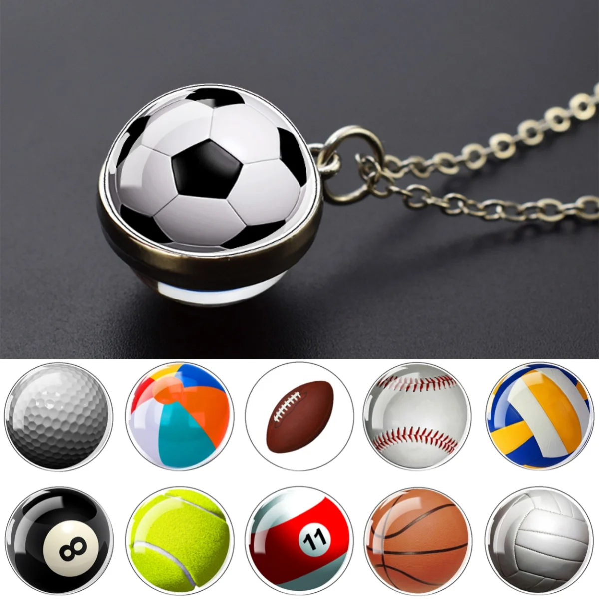 Balls Pendant Tennis Necklace Football Baseball Volleyball Soccer Basketball Necklaces Glass Hemisphere Jewelry Gift